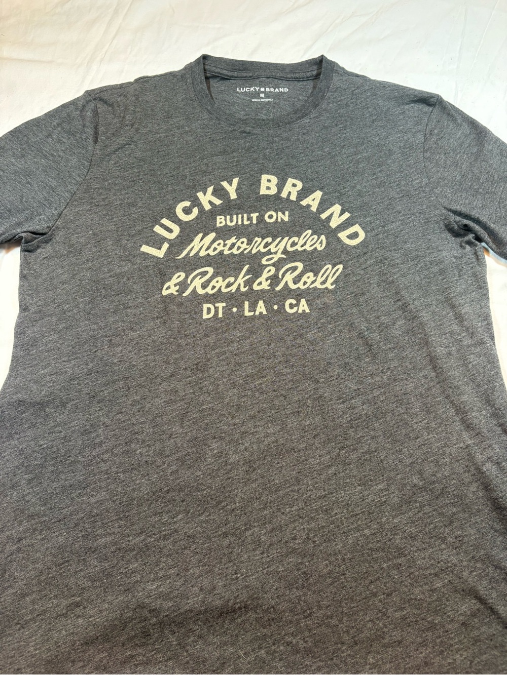 Lucky Brand Men's Heather Gray Tee with Cream Motorcycle Graphic